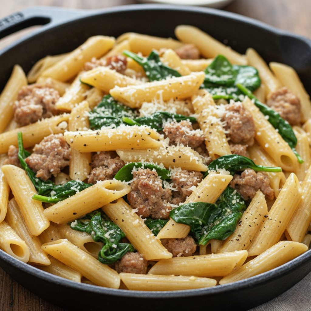 One-Pan Creamy Penne with Spinach and Italian Sausage